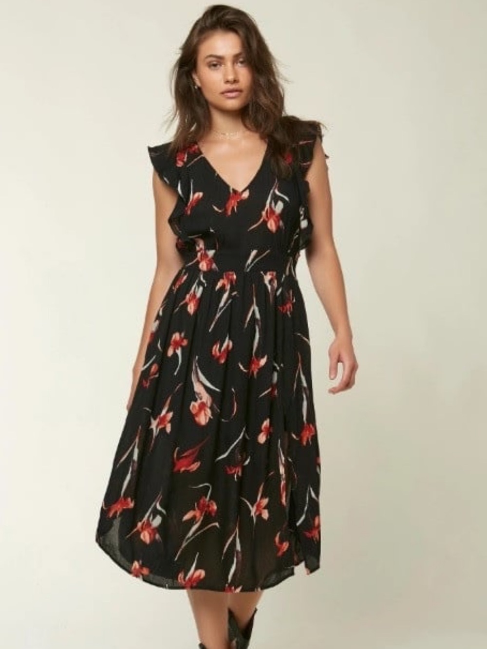 O’Neill Amberlynn Floral Black V-Neck Midi Dress